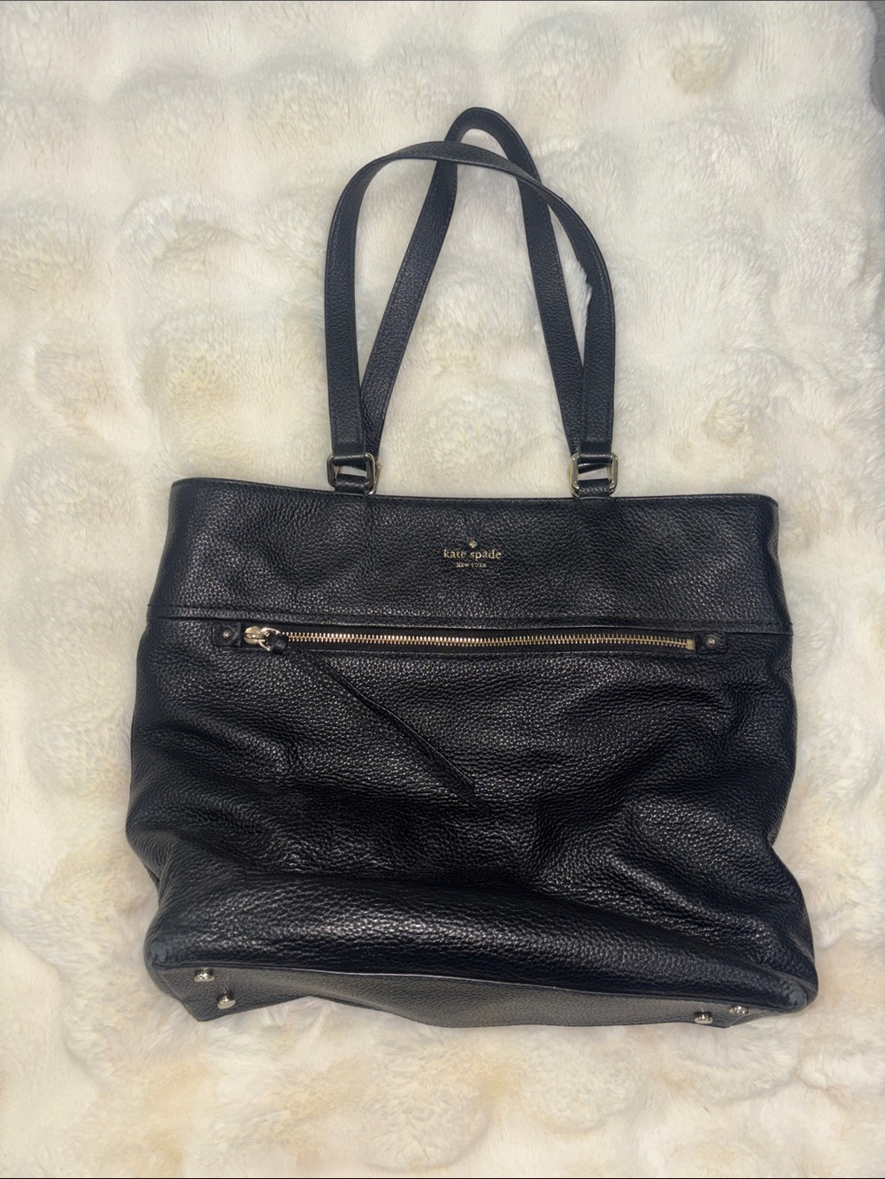 kate spade Black Pebbled Leather Shoulder Tote with Front Zip